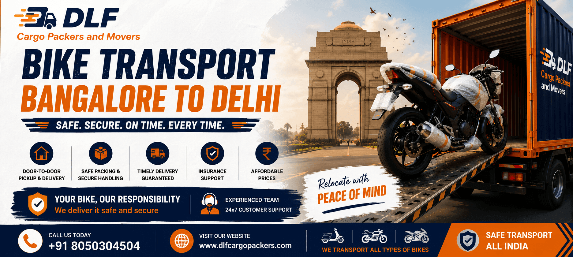 Bike Transport Bangalore to Delhi by DLF Cargo Packers and Movers featuring secure motorcycle packing, safe loading, and doorstep delivery services.